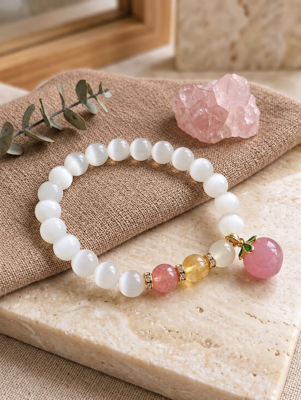 Cat's Eye Strawberry Quartz Citrine Bracelet Peach Charm Coquette Balletcore 6"